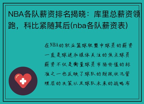 NBA各队薪资排名揭晓：库里总薪资领跑，科比紧随其后(nba各队薪资表)