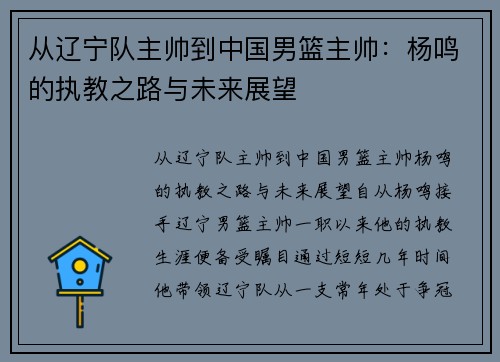 从辽宁队主帅到中国男篮主帅：杨鸣的执教之路与未来展望