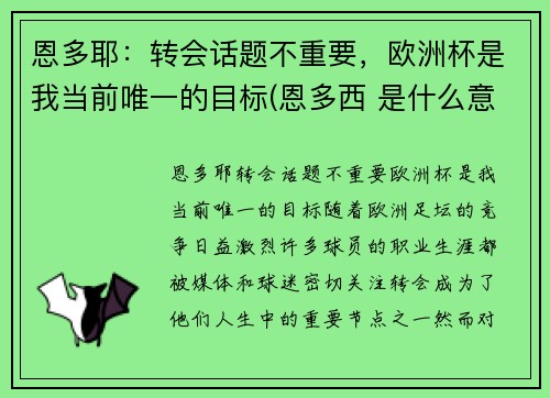 恩多耶：转会话题不重要，欧洲杯是我当前唯一的目标(恩多西 是什么意思)
