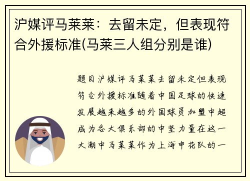 沪媒评马莱莱：去留未定，但表现符合外援标准(马莱三人组分别是谁)