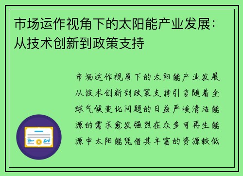 市场运作视角下的太阳能产业发展：从技术创新到政策支持