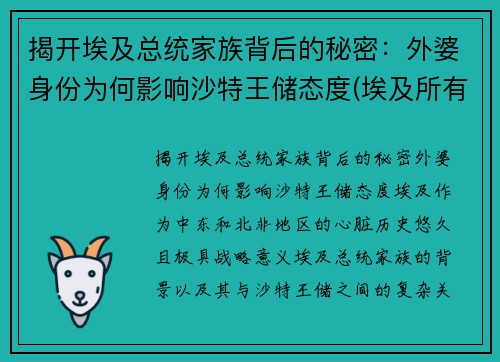 揭开埃及总统家族背后的秘密：外婆身份为何影响沙特王储态度(埃及所有总统)