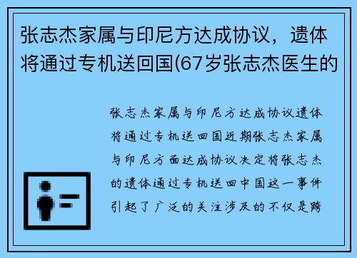 张志杰家属与印尼方达成协议，遗体将通过专机送回国(67岁张志杰医生的简介)
