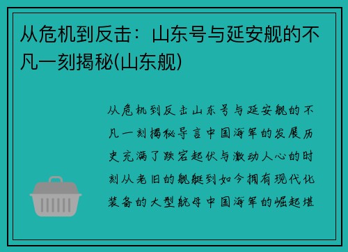 从危机到反击：山东号与延安舰的不凡一刻揭秘(山东舰)