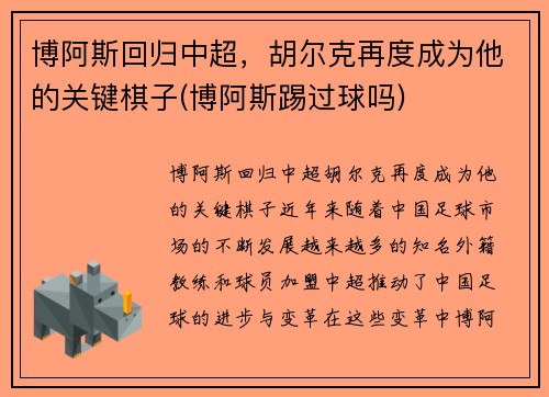 博阿斯回归中超，胡尔克再度成为他的关键棋子(博阿斯踢过球吗)