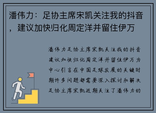 潘伟力：足协主席宋凯关注我的抖音，建议加快归化周定洋并留住伊万